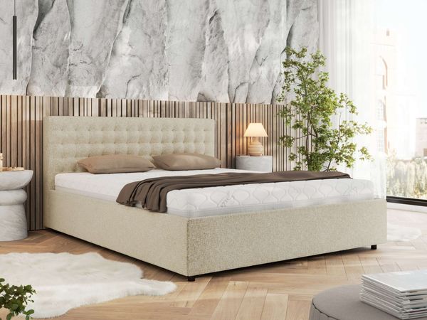Polsterbett mit Holzlattenrost Doppelbett PAVO CLASSIC, hohe Kopfteil, Bettkasten mit Gasdruckfeder Foam Matratze - 140 x 200 cm - Creme Strukture - MIRO LUX
