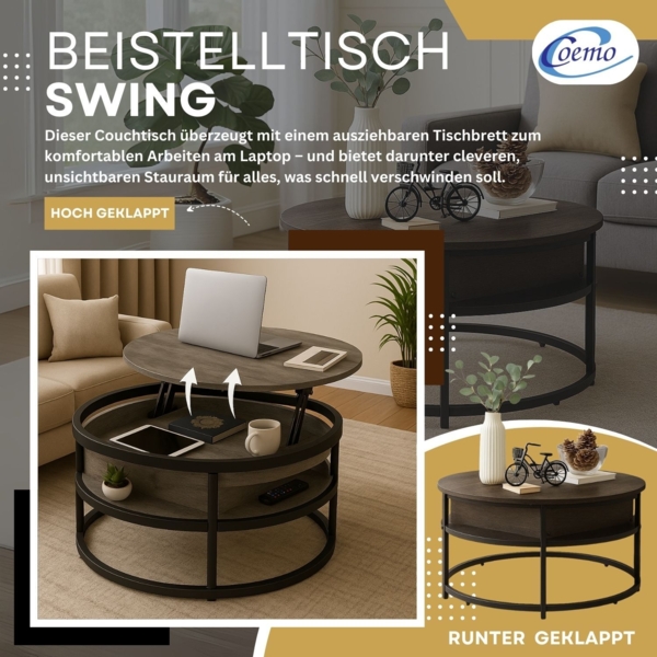 Coemo Beistelltisch Swing mit verstellbarer Tischplatte und verdecktem Stauraumfach in Grau Bild 2