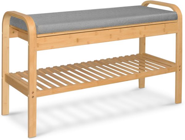 AD. CON Bambus Schuhregal, Schuhregal aus Bambus mit Sitzbank, Schuhbank mit Sitzkissen, Sitzbank 90x33x55 cm Grau