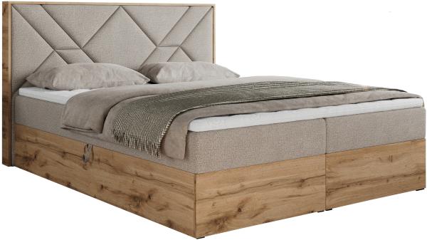 Boxspringbett mit Kopfteil und Topper, Polsterbett - GUNAR - 120 x 200 cm - Beige Stoff - H4 - Topper Visco