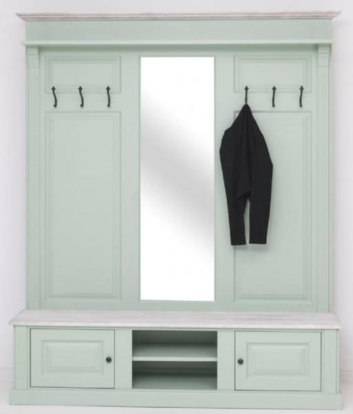 Casa Padrino Landhausstil Garderobe Mintgrün / Grau 180 x 41 x H. 210 cm - Massivholz Garderobenschrank mit Spiegel - Massivholz Garderobenmöbel - Landhausstil Garderobenmöbel