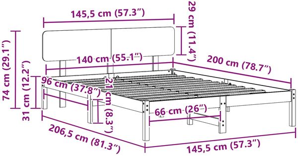 vidaXL Bettrahmen mit Kopfteil Weiß 140 x 200 cm Massives Kiefernholz 872105 Bild 11