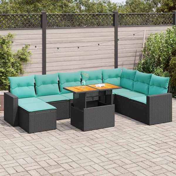 vidaXL 9-tlg. Garten-Sofagarnitur mit Kissen Schwarz Poly Rattan 3327074