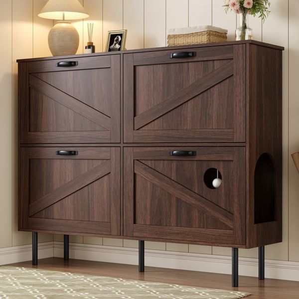 Schuhschrank Nussbaumfarben mit 3 Klappen & Haustierfach 120×28×92 cm aus Spanplatte