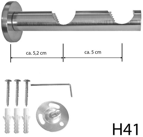 BASIT Gardinenstange Edelstahloptik 20mm mit Wandträgern 120 cm E39, Ø 20 mm, 2-läufig, verschraubt, Metall, H41 120 cm E39 Zylinder mit Kristall
