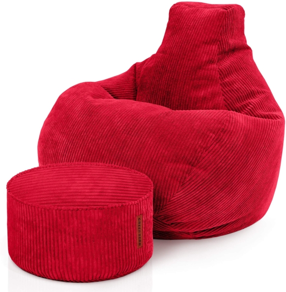 Green Bean® Sitzsack mit Hocker aus Cord - Sitzsäcke für das Wohnzimmer, Schlafzimmer, Sitzsack-Sessel für Erwachsene Rot