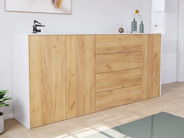 Sideboard Impulse 200cm 3 Türen 4 Pushauszüg Weiß Hgl Eiche : Weiss hochglanz / Eiche Gold