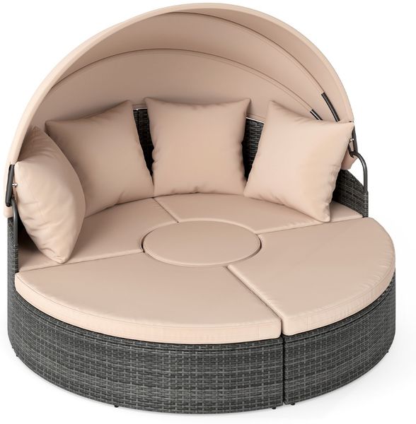 Sonneninsel mit Dach & Tisch & Sitz- und Rückenkissen Rattan Sonnenliege Gartenliege Beige