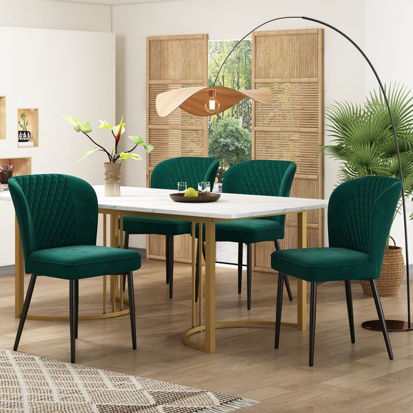 Esstischgruppe H 75 x T 80 x B 140 cm mit weißem MDF-Tisch und 4 Samtstühlen in Grün