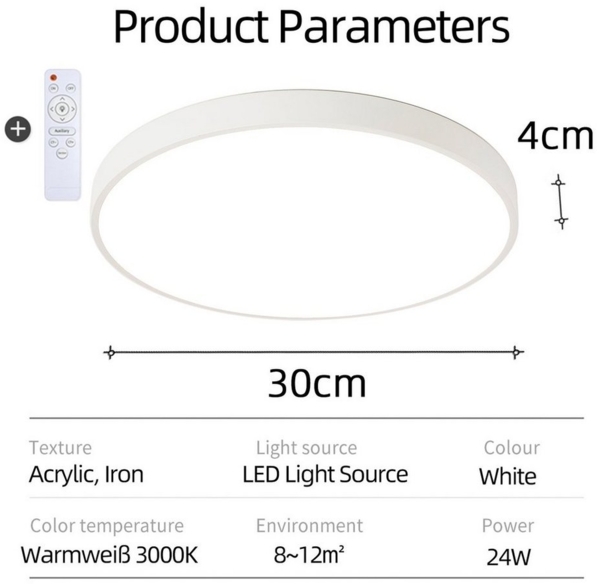 Natsen Deckenleuchte LED Deckenlampe Flach Rund lampe, 24W, LED fest integriert, Warmweiß 3000K, nicht dimmbar, Weiß 30*30*4cm für Schlafzimmer Wohnzimmer Küche Büro Flur Diele Bild 3