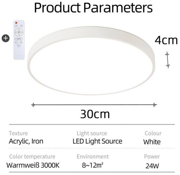 Natsen Deckenleuchte LED Deckenlampe Flach Rund lampe, 24W, LED fest integriert, Warmweiß 3000K, nicht dimmbar, Weiß 30*30*4cm für Schlafzimmer Wohnzimmer Küche Büro Flur Diele Bild 4