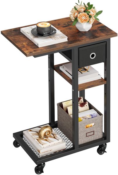YITAHOME Beistelltisch, C-Form Sofatisch mit Rollen und Schublade,Wohnzimmertisch für Kaffee und Laptop,für Wohnzimmer, Schlafzimmer,50 x 30 x 67 cm, Rustikales Braun