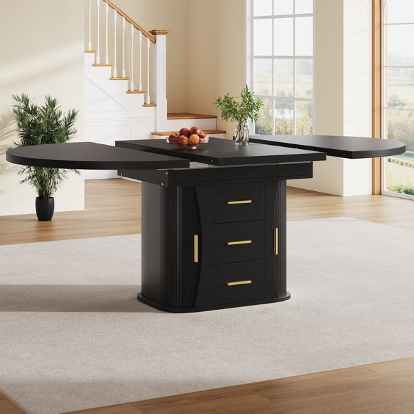 Merax Esstisch ausziehbar, Esszimmertisch, Küchentisch, Runder Esstisch, ausziehbar zu oval, 118-158 cm, Platz für bis zu 6 Personen, Dreischichtige Lagerung, Schwarz