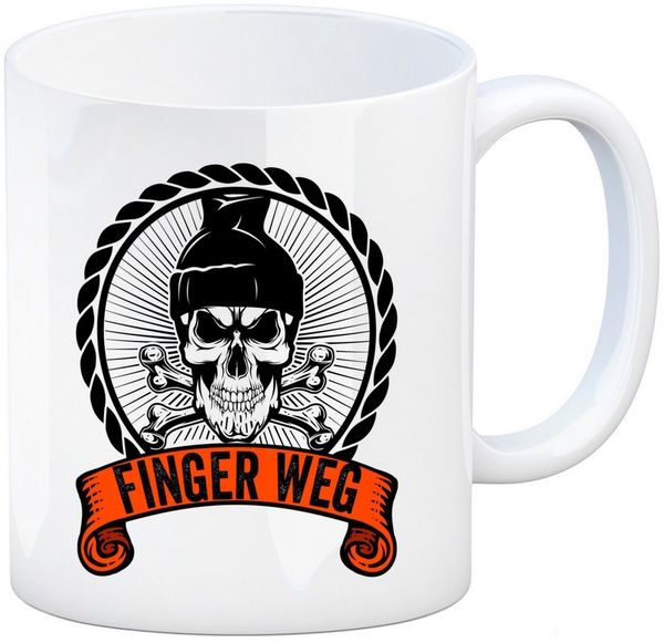 speecheese Tasse Totenkopf Finger Weg Kaffeebecher mit Banderole in orange