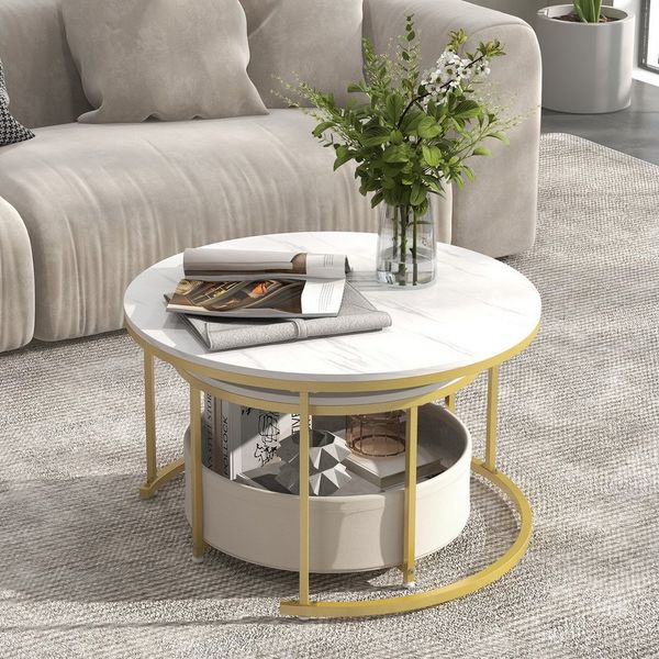 COSTWAY Couchtisch (2er Set), rund Satztisch Marmor mit Korb gold