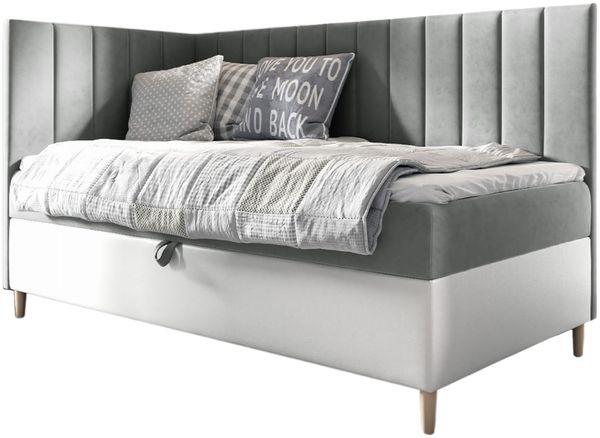 MEBLINI Kinderbett mit Bettkasten MAYA 3 80x200 Links – H3/Grau Samt Gepolstert Einzelbett mit Matratze - Polsterbett mit Stauraum - Bett mit Kopfteil – Stauraumbett
