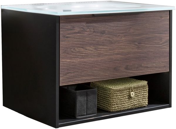 FACKELMANN B.PARIS Waschbecken mit Unterschrank 70 cm breit, Braun Dunkel/Schwarz, Waschbecken Glas Weiß
