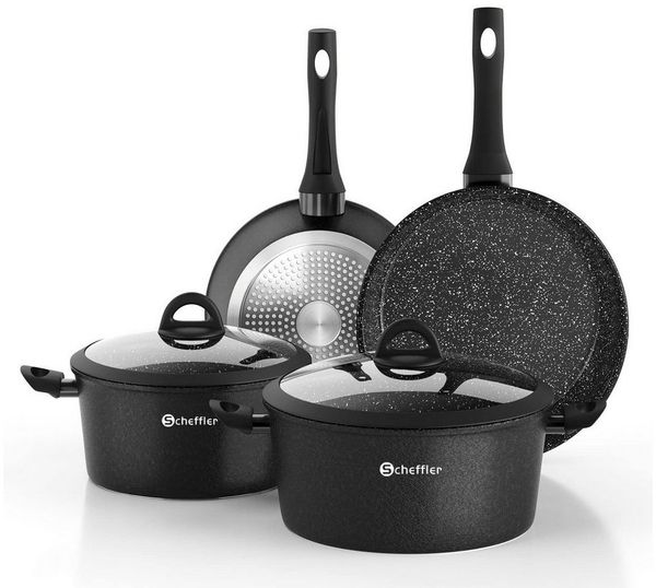 Scheffler Topf-Set Induktions Töpfe Set Schwarze Antihaftbeschichtung mit Glasdeckel, Aluminium (Set, 4-tlg, Ø24 4,4L/Ø28 6,5L Töpfe,24 5,8cm/28 6,8cm Pfanne), Induktionsgeeignet