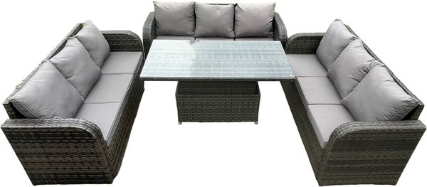 Fimous Patio Garten Dining Set Outdoor Rattan Möbel Lounge Sofa Höhe Einstellbare Steigende Hebetisch Dunkelgrau Gemischt