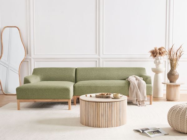 beliani 'SOSJO' Ecksofa, Stoff olivgrün, Linksseitig, 251 x 132 x 74 cm