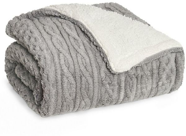 Blumtal Wohndecke, Oeko-TEX zertifiziert, waschbar, weiche Sherpa-Innenseite, Grau/Weiß, 130x150 cm