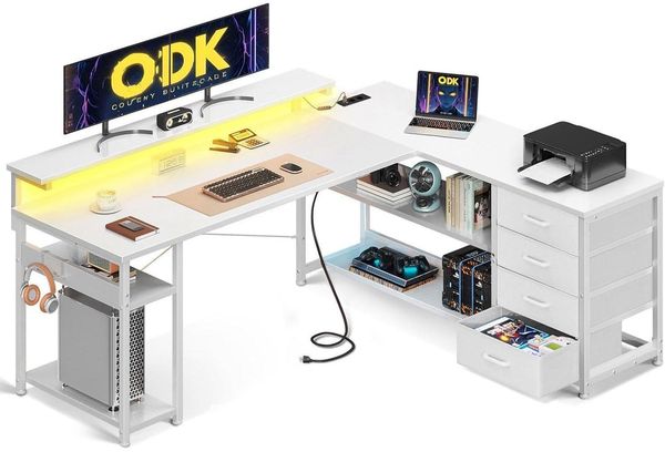 ODK Gaming Schreibtisch LED 155x110cm Weiß Bürotisch Home Office
