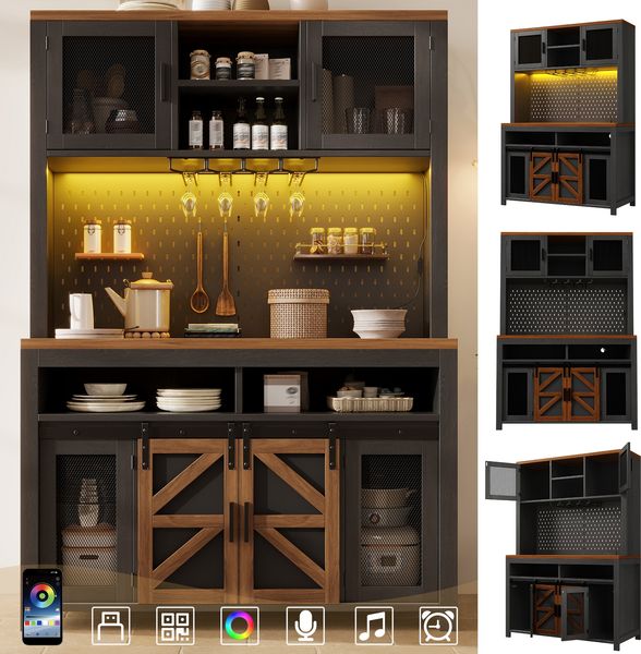 Küchenschränke, Hochschrank mit USB-Anschluss, multifunktionaler Stauraum mit großzügiger Arbeitsfläche für Küche Esszimmer, Sideboards mit LED-Beleuchtung, Schwarze