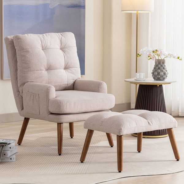i@home Loungesessel mit Fußstütze und seitlicher Ablage, (Packung set, bestehend aus Sessel und Hocker), Rückenlehne 5-stufig verstellbar, beige