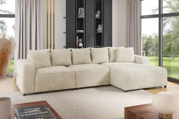 Ecksofa Designersofa Sofa MEGAN in Stoff Poso Creme Ottomane Rechts