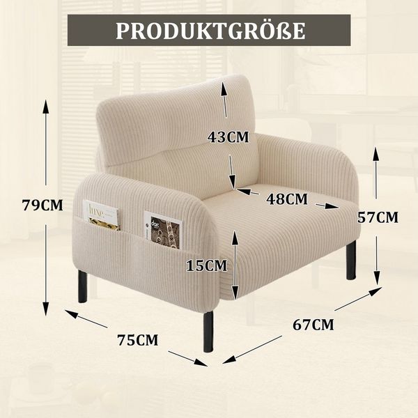 BlingBin Sessel Relaxsessel Polsterstuhl Loungesessel (1-St, Cordstoff, Armlehnen mit Seitentaschen auf beiden Seiten), für Wohnzimmer, Schlafzimmer, Arbeitszimmer, 67x75x79 cm