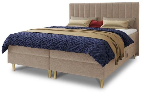 Boxspringbett Gold mit 2 Bettkästen und Topper - Doppelbett, Bonell-Matratze, Polsterbett, Bett mit Matratzentopper, Schlafzimmer, Velours Stoff (Beige (Manila 02), 160 x 200 cm) Bild 4