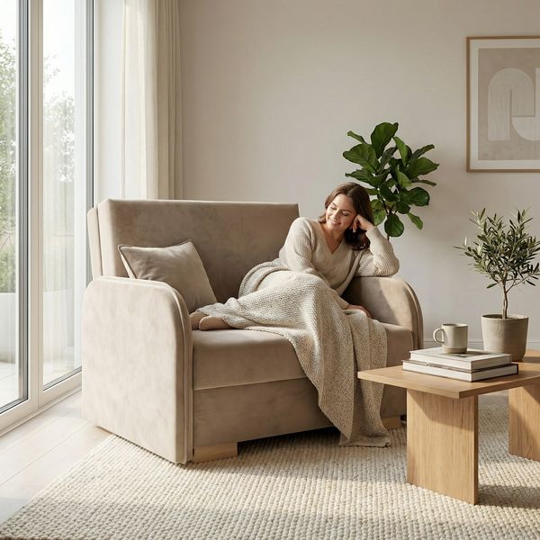 Wohnero 24 Goldi 2 Premium Schlafsofa 124x100 cm mit Schlaffunktion & Bettkasten – 113x195 cm Liegefläche, Hochwertiges Sofa Beige