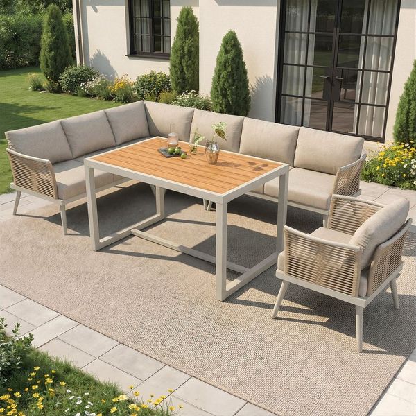 Flieks Gartenlounge-Set, 7-Sitzer L-Form Gartenmöbel Sitzgruppe Eckgarnitur mit großem Esstisch