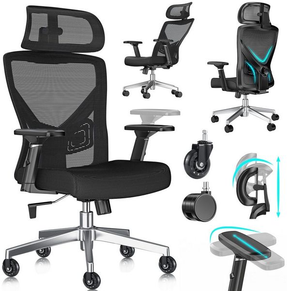 KESSER® Bürostuhl mit verstellbaren Armlehnen | Drehstuhl mit Lendenwirbelstütze Rückenschonend | Schreibtischstuhl ergonomisch mit Kopfstütze | Office Chair Wippfunktion bis 125° mit 5x Gummirollen Schwarz / Silber
