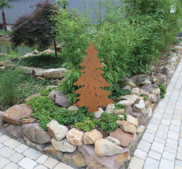 Gartenstecker Tannenbaum, Höhe 107cm, aus Metall im rustikalen Stil, perfekte Garten-Dekoration für Weihnachten, Winter und Advent, stabiler Erdspieß