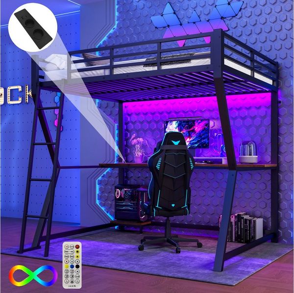 TavilaEcon Hochbett Kinderbett Jugendbett mit Ambientelicht, Computerkonsolenablage (Ohne Matratze) & Schreibtisch, USB-Steckdose, Treppe, 90x200 cm