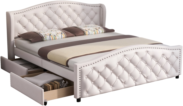 Polsterbett 160x200 cm, weißer PU-Bezug, Chesterfield-Kopfteil 100 cm, mit 2 Schubladen und Lattenrost