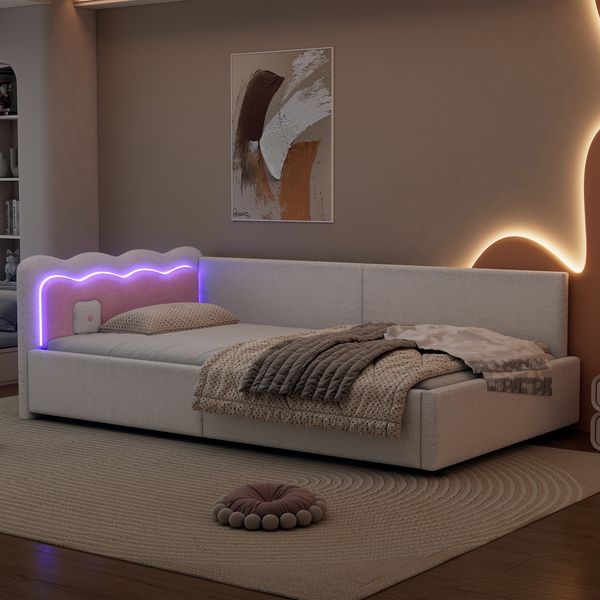 Polsterbett 90x200 cm Vliesimitat mit LED-Umgebungslicht und MDF‑Rahmen,Weiß
