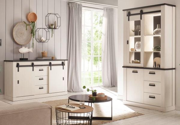 Wohnzimmer Esszimmer Set Stove in weiß Pinie und anthrazit Landhaus