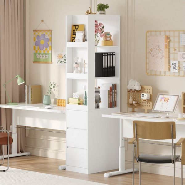 Flieks Eckschrank Bücherregal mit 3 seitlichen Schubladen und austauschbarer Ablagen (1-St, B40/T60/H200 cm) Standregal Mehrzweckschrank Eckregal Wohnzimmerschrank Weiß