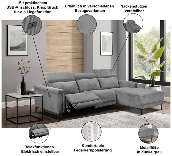Places of Style Ecksofa Lund, L-Form, 261cm, mit man. o. elektr. Relaxfunktion und USB/ Kopfteilverstellg Bild 3