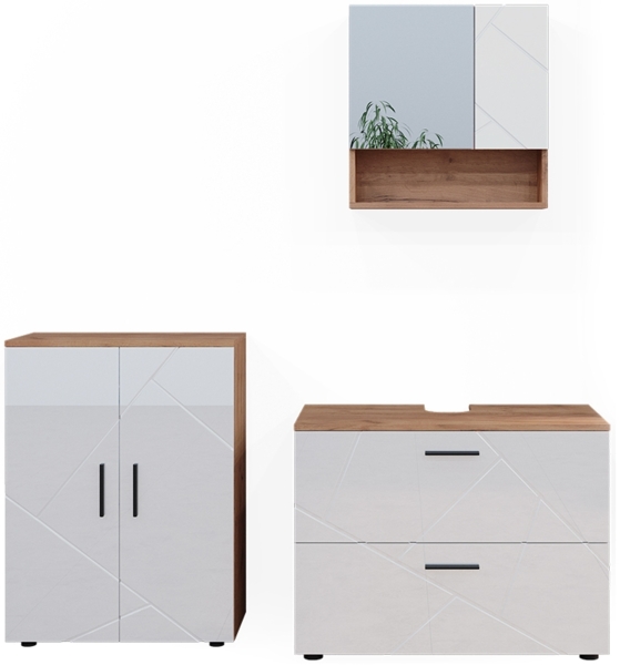 Badmöbel-Set Irma Weiß Hochglanz/Goldkraft Eiche 3 Teile, mit Unterschrank 80 cm Vicco
