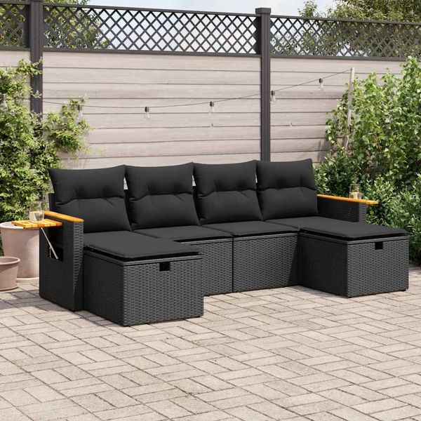 vidaXL 6-tlg. Garten-Sofagarnitur mit Kissen Schwarz Poly Rattan 3325996