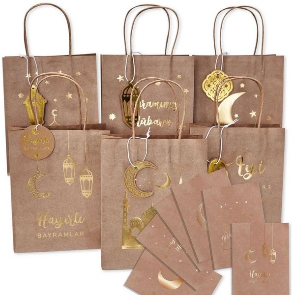 PAPIERDRACHEN Geschenkbox 6 bunte Henkeltüten zu Ramadan - mit Anhängern und Postkarten, mit Anhängern und Postkarten - ideal zum Verpacken von Geschenken
