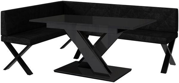 MEBLINI Eckbank für Esszimmer mit ausziehbarem Tisch - Küchenbank - Essecke - Sitzecke Küche - ERIC - X-Beine 142x196x87cm Links - Graphit Samt/B Schwarz Hochgl.