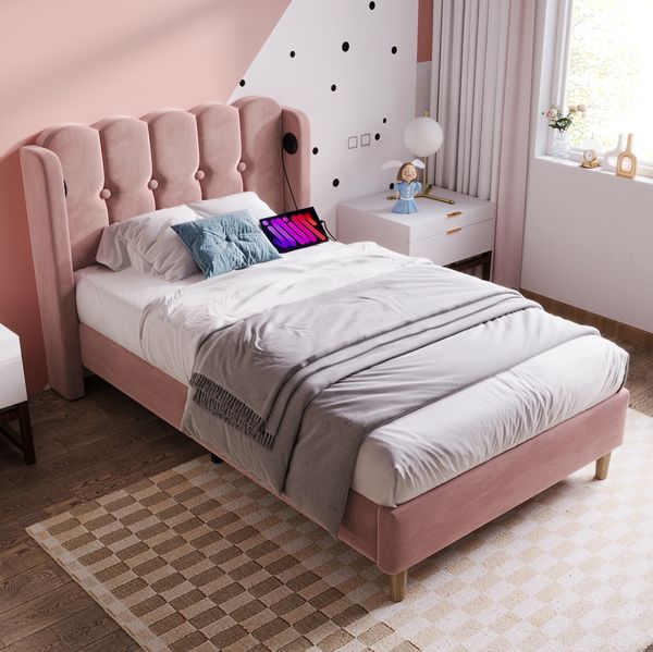 Polsterbett 90x200 cm mit USB- und Typ-C-Anschluss – Einzelbett aus Samt in Rosa mit Lattenrost