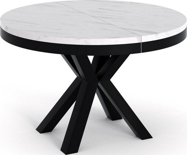 Runder Ausziehbarer Esstisch Weiß - Tisch im Loft-Stil mit Metallbeinen - Industrieller Tisch für Wohnzimmer - Spacesaver - Weisser Marmor - Schwarz - 100 cm Bild 4