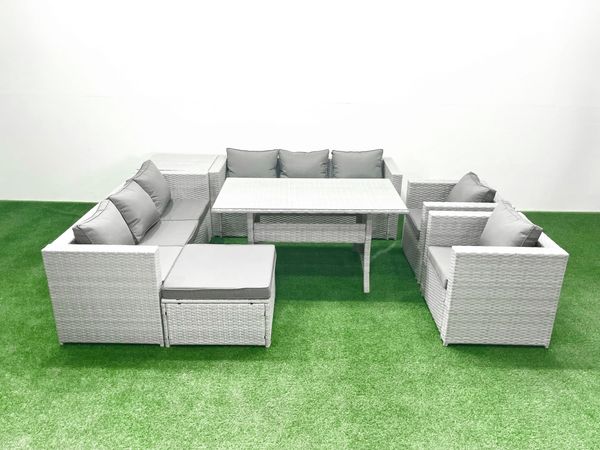 Fimous Rattan Gartenmöbel-Set Outdoor 8 Sitzer mit Esstisch 2 Sesseln Beistelltisch Großer Fußhocker Hellgrau gemischt