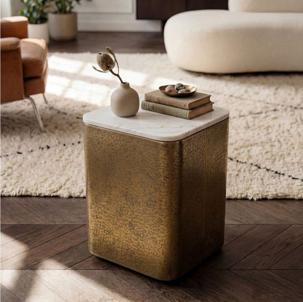 FINEBUY Beistelltisch FB116596 Sofatisch Marmor Wohnzimmertisch 33cm Couchtisch Handmade (Eleganter Tisch in antiker Goldoptik), Massive Platte aus edlem weißem Marmor