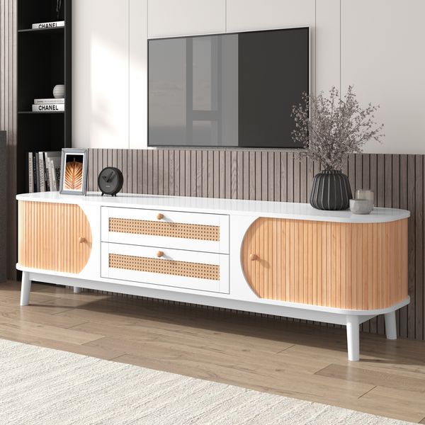 TV-Lowboard, MDF mit Rattanfronten & Türen, 170x39,5x46 cm, Weiß/Holzfarben